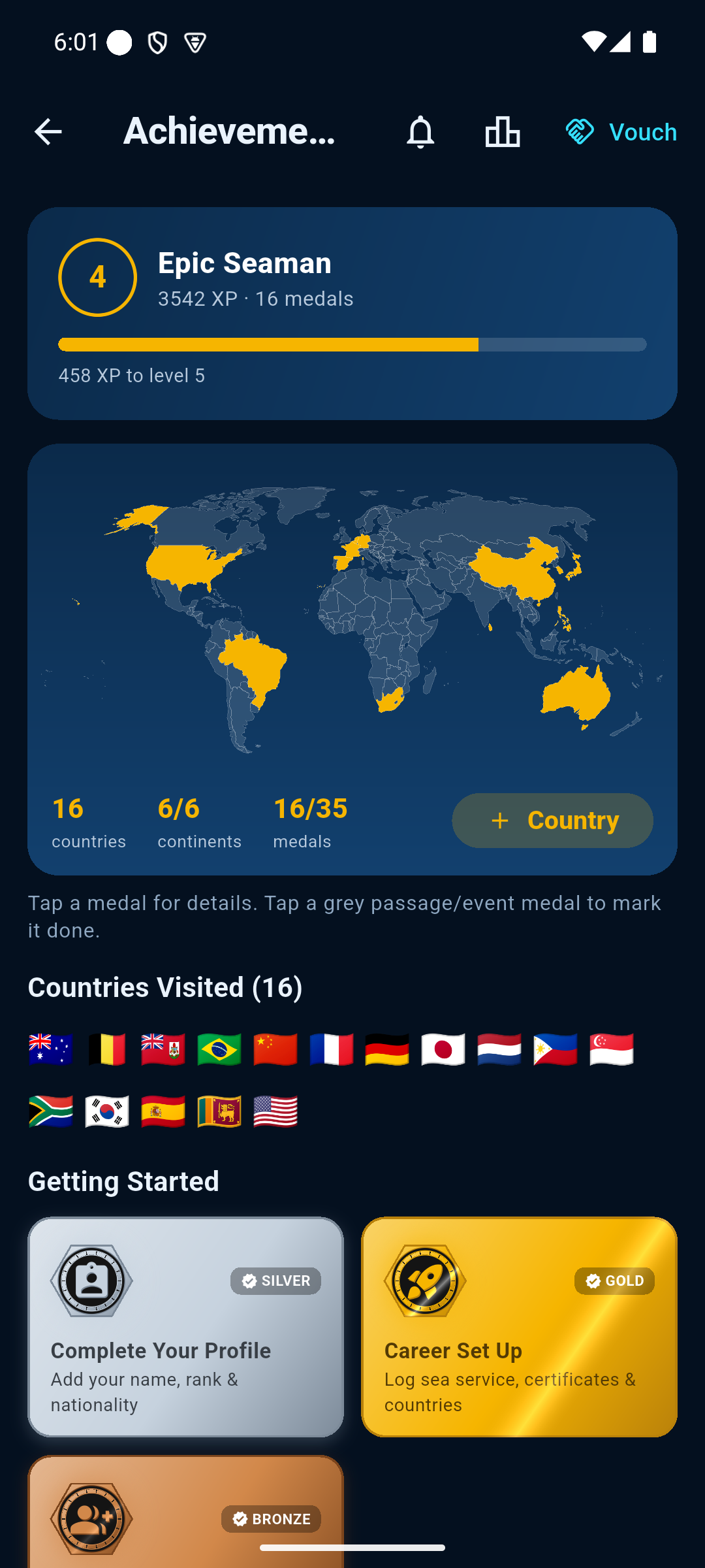 Achievements screen — a world map with 16 countries visited lit gold across all six continents, plus level and medals