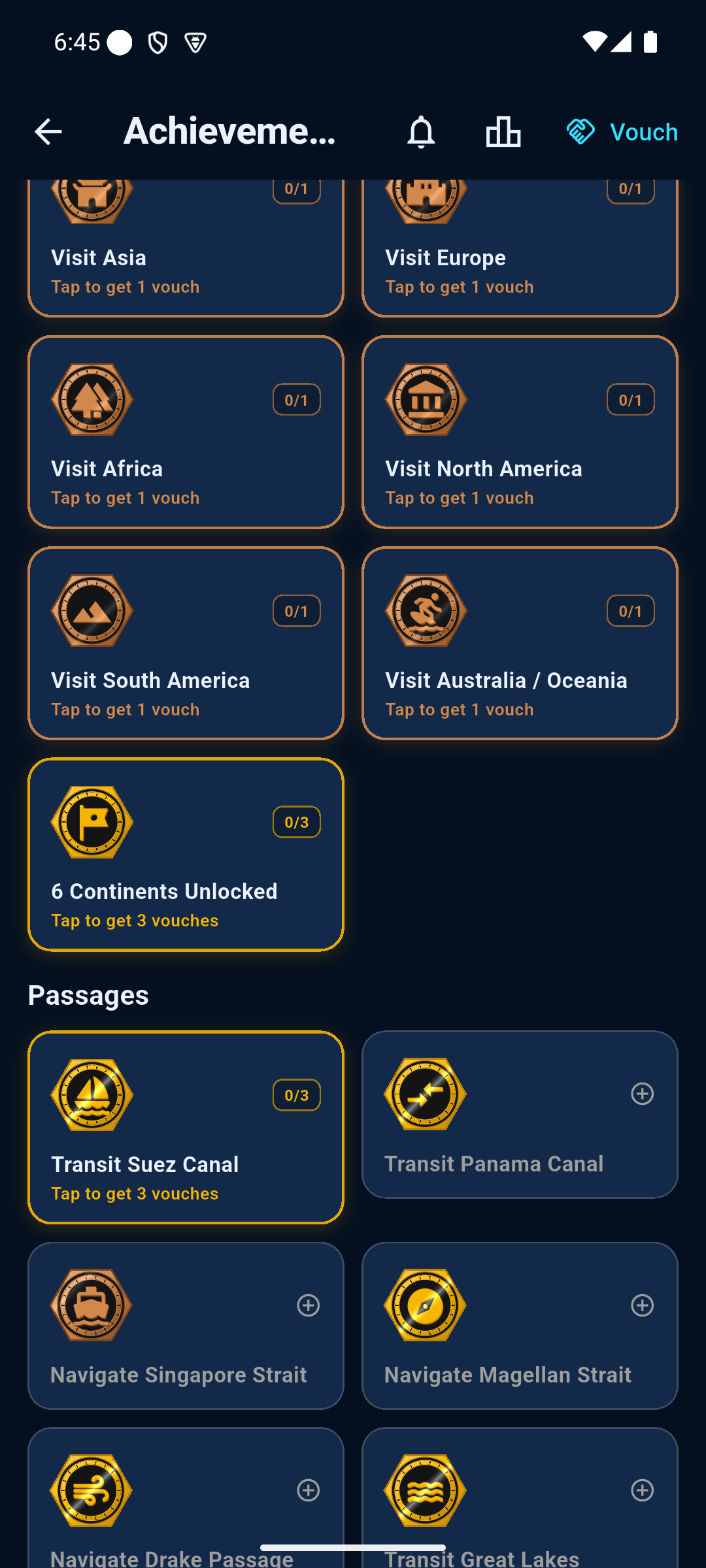 The in-app medal wall — hexagonal metal coins for visiting each continent and transiting the Suez and Panama canals