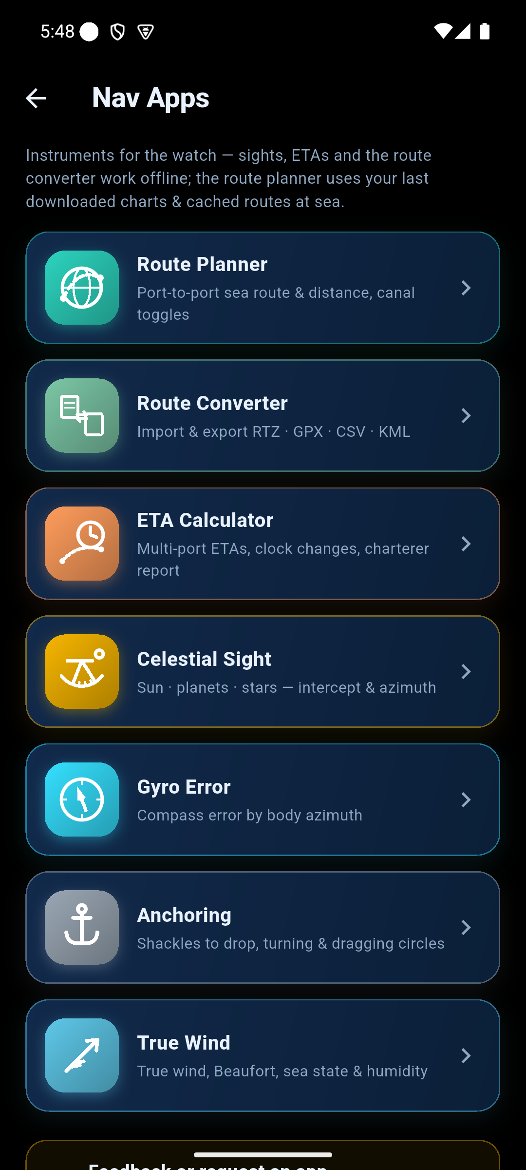 Nav Apps screen — route planner, ETA calculator, celestial sight, gyro error, anchoring and true wind