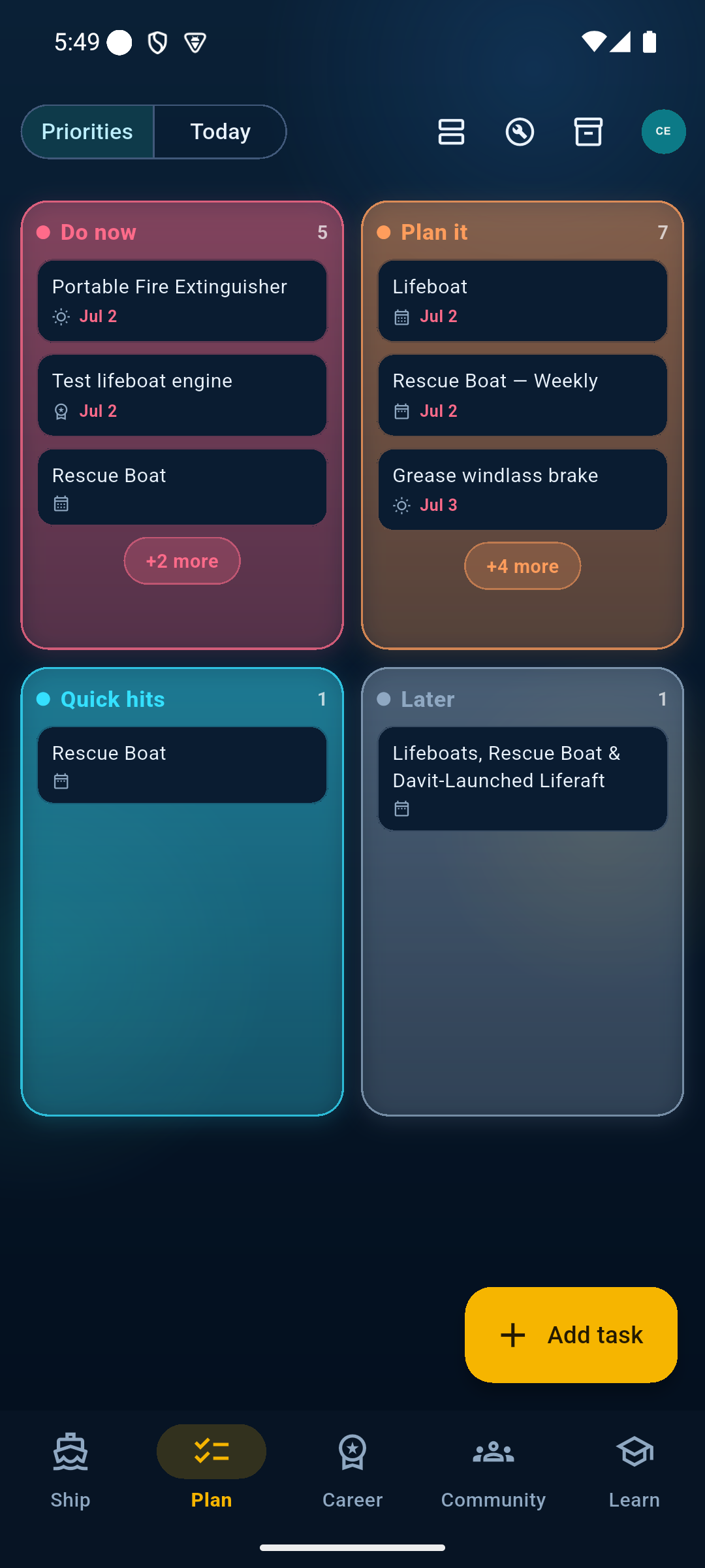 Plan board screen — Do now, Plan it, Quick hits and Later priority columns of tasks