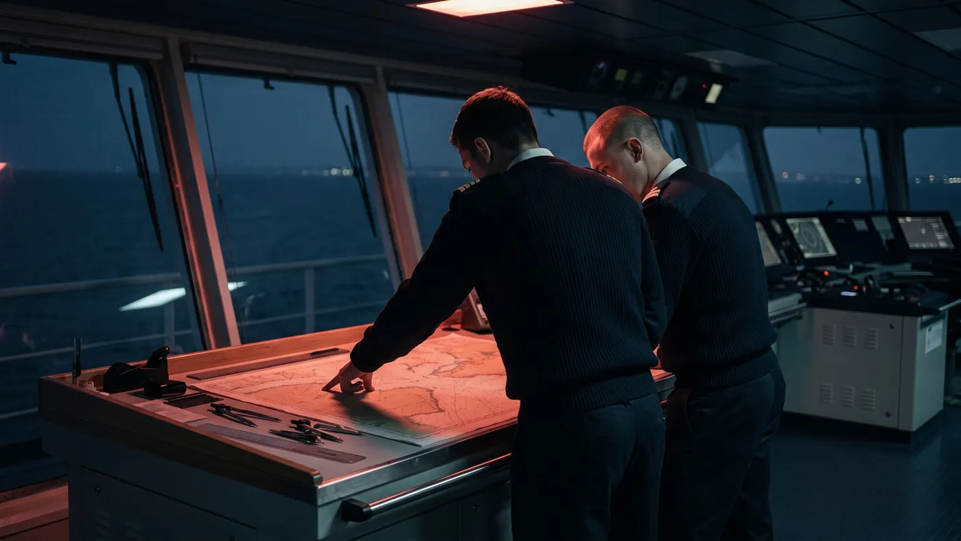 Two officers over the chart table at night